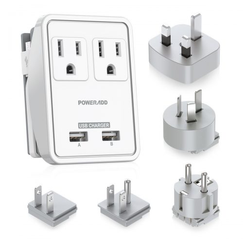 Poweradd Travel Power Adapter Kits - Dual 2.4A USB Ports + 2 Outlets Wall Charger with Worldwide Wall Plugs for the UK, US, AU, Europe & Asia, Gift Pouch Included