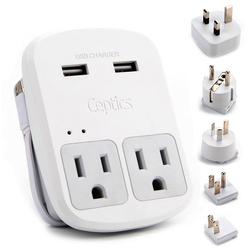 Ceptics World Travel Adapter Kit - 2 USB + 2 US Outlets, Surge Protection, Plug for Europe, UK, China, Australia, Japan - Perfect for Laptop, Cell Phones & Dual Voltage Devices