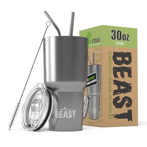 BEAST 30oz Stainless Steel Tumbler Vacuum Insulated Rambler Coffee Cup Double Wall Travel Flask Mug with Splash Proof Lid, 2 Straws, Pipe Brush & Gift Box Bundle