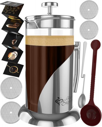 French Press Coffee & Tea Maker Complete Bundle | 34 Oz | Best Coffee Pot with Stainless Steel & Double German Glass 