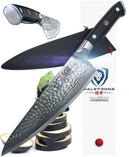 DALSTRONG Chef's Knife - Shogun Series X Gyuto - Japanese AUS-10V - Vacuum-Treated - Hammered Finish - 8" - w/ Guard
