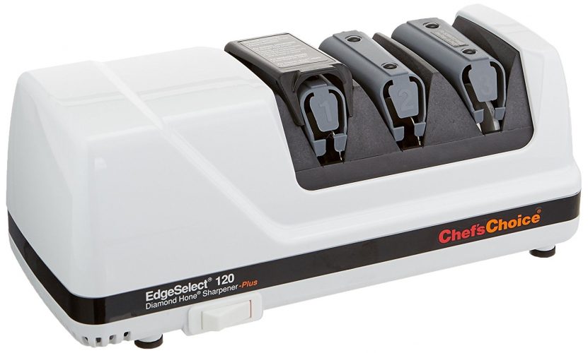 Chef’sChoice 120 Diamond Hone EdgeSelect Professional Electric Knife Sharpener for 20-Degree Edges Diamond Abrasives Precision Guides for Straight and Serrated Knives Made in USA, 3-Stage, White - Electric Knife Sharpeners
