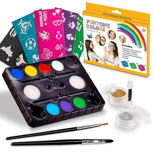 Face painting kits. Free 40 Stencils Included. Use for Body Painting, Birthday, Halloween, fan Sports or Kids Makeup Parties. Our Face Paint Kit Contain Palette 8 Colors, Glitte, Brushes & Sponges