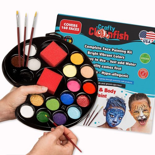 Face Painting Kit 16 colour with 3 Brushes 3 Sponges FREE ebook Face Paint Made in USA Great for Parties, Events, School Fair. Hypoallergenic Gift
