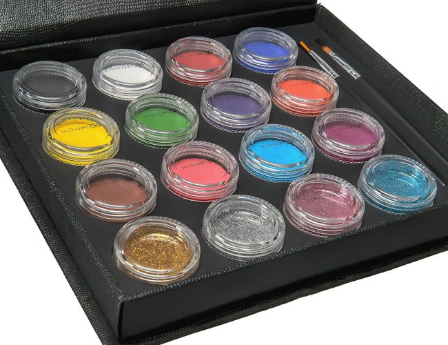 Face Paint Kit + 50 Stencils By Bo Buggles Professional: Water-Based XL Face Painting Palette. Loved By Pros For Vibrant Detailed Designs. 12x10 gram Paints, 4x10ml Glitters, 2 Brushes. Non-Toxic.