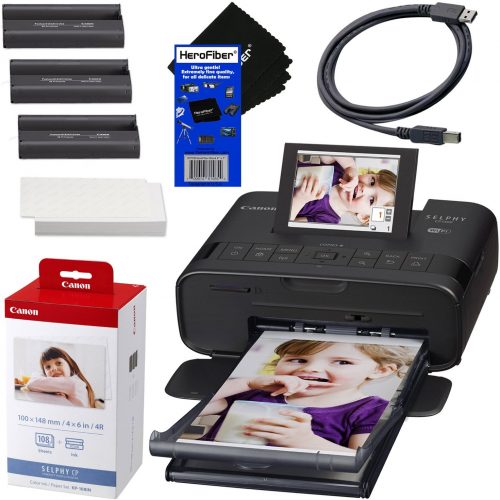 Canon SELPHY CP1300 Wireless Compact Photo Printer (Black) + Canon KP-108IN Color Ink Paper Set (Produces up to 108 of 4 x 6" prints) + USB Printer Cable + HeroFiber Ultra Gentle Cleaning Cloth