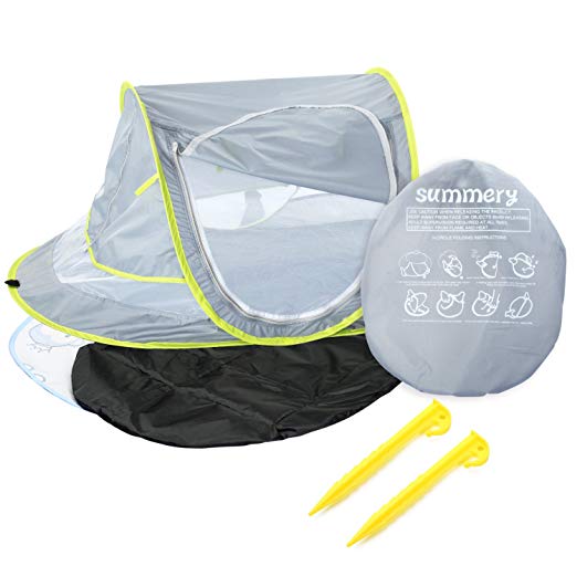 Summery Large Baby Portable Beach Play Tent Provide UPF 50+ Sun Shelter,Baby Travel Bed with Sleeping Pad,Cooling Mat and 2 Pegs,Lightweight Pop up Baby Mosquito Net