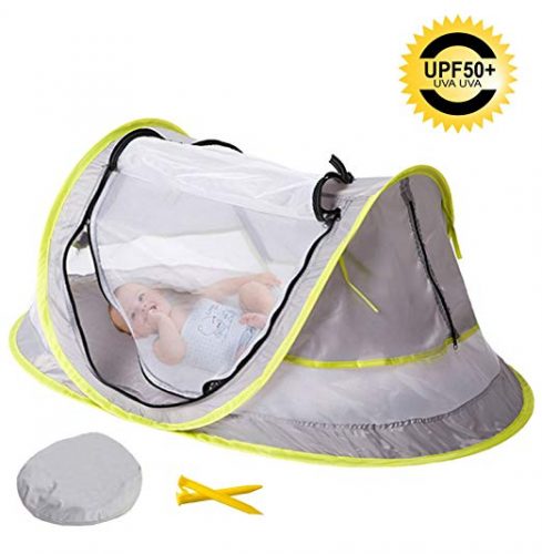 MinGz Large Baby Travel Tent, Portable Baby Travel Bed UPF 50+ Sun Travel Cribs Pop Up Folding Beach Tent Mosquito Net and 2 Pegs Infant Beach Gear UV Protection
