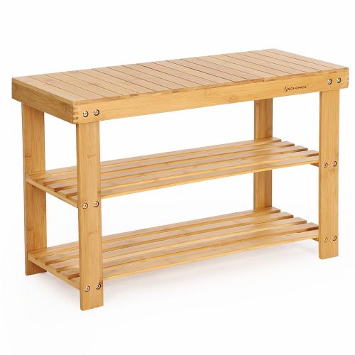 SONGMICS 3-Tier Bamboo Wood Shoe Rack Bench, Shoe Organizer,Storage Shelf Holds Up to 264 Lbs,ideal for Entryway 