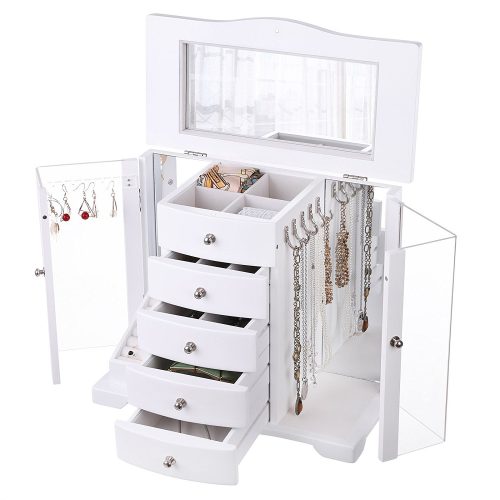 SONGMICS Wooden Jewelry Box Large Organizer with Clear Acrylic Doors and 4 Drawers,Gift for Mom, White UJOW57W