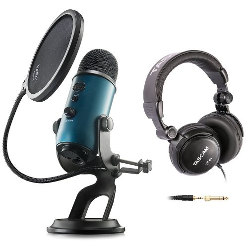 Blue Microphones Yeti Teal USB Microphone with Studio Headphones and Knox Pop Filter