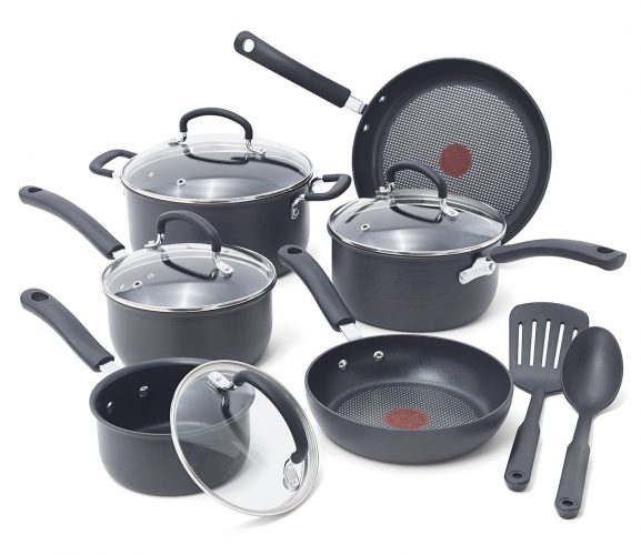 T-fal E765SC Ultimate Hard Anodized Scratch Resistant Titanium Nonstick Thermo-Spot Heat Indicator Anti-Warp Base Dishwasher Safe Oven Safe PFOA Free Cookware Set, 12-Piece, Gray