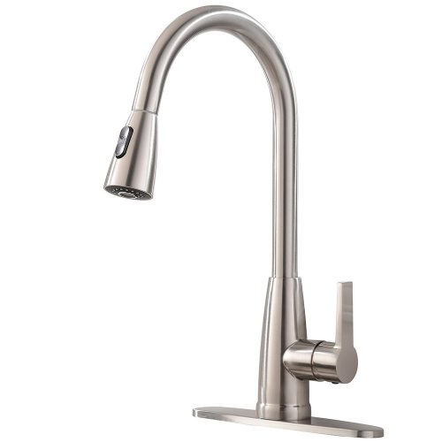 Friho Modern Commercial Lead-Free Stainless Steel Single Lever Handle High Arc Pull-Down Sprayer Kitchen Sink Faucet, Brushed Nickel Pull Out Kitchen Faucets with Deck Plate