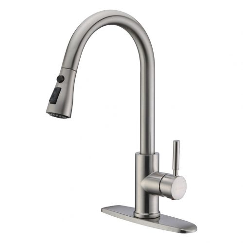 WEWE Single Handle High Arc Brushed Nickel Pullout Kitchen Faucet, Single Level Stainless Steel Kitchen Sink Faucets with Pull down Sprayer