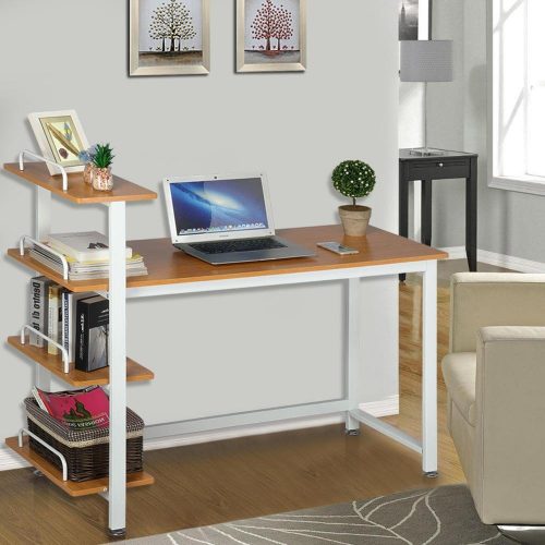 Yaheetech Wood Corner Computer Desk PC Laptop Table Workstation with 4 Tiers Shelves (Brown) - Study Tables