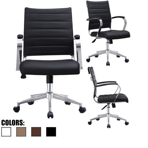 2xhome Black Modern Mid Back Ribbed PU Leather Swivel Tilt-Adjustable Chair Designer Boss Executive Management Manager Office Chair Conference Room Ergonomic Computer Contemporary With Arms Wheels