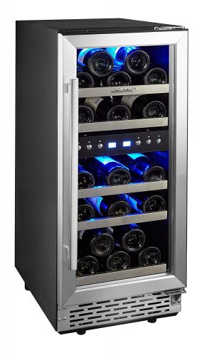 Phiestina 29 Bottle Wine Cooler 15'' Built-in or Free-standing Compressor Cooling Refrigerator. Stainless Steel & Glass Door Wine Showcase