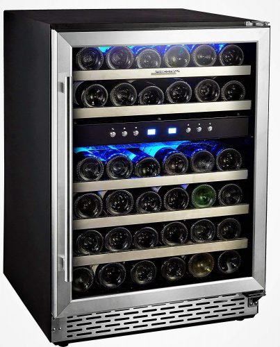 24 Inch Built-in or Free-standing 46 Bottle Wine Cooler Refrigerator by Phiestina. Pro Stainless Steel Frame & Door, Handle. Sliding Racks. Compressor Cooling with Press Button Temperature Setting