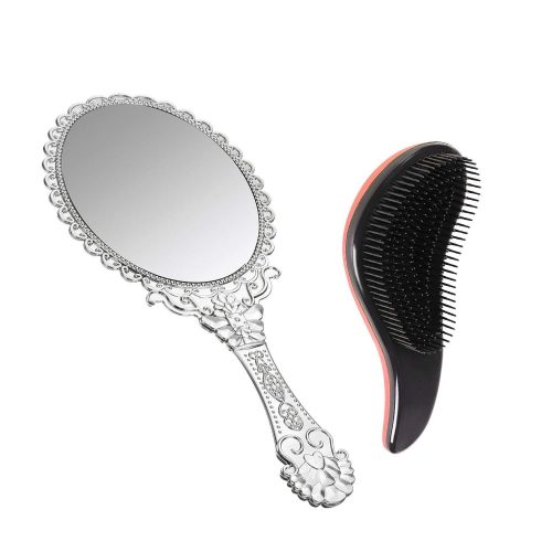 Hand Mirror Light and Small Bundle with Detangler Brush - Perfect for Women 