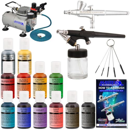 Master Airbrush Complete Cake Decorating Set – with 12 Chefmaster Airbrush Cake Color Set .7 fl oz that is FDA approved and a (FREE) How to Airbrush Instructional Guidebook