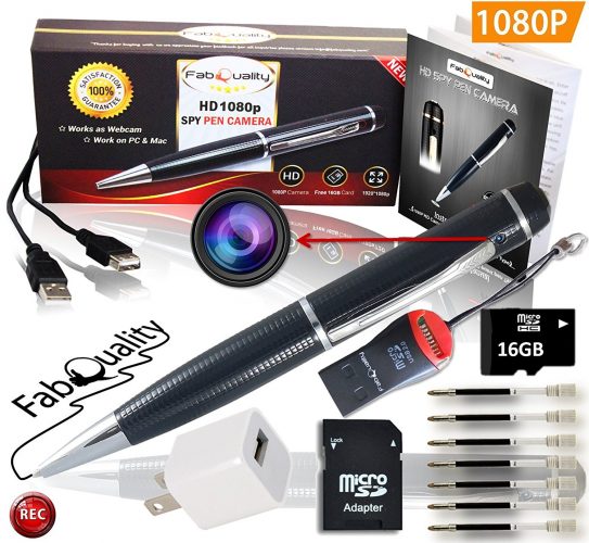 FabQuality 1080p HD Hidden Camera Spy Pen BUNDLE 16GB SD Micro Card + USB card Reader + 7 INK FILLS + updated battery + USB Plug! - Record Executive Multifunction DVR. Perfect Gift - Easy to Use