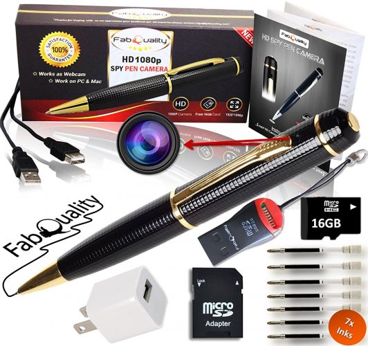 FabQuality 1080p HD Hidden Camera Spy Pen BUNDLE 16GB SD Micro Card + USB card Reader + 7 INK FILLS + updated battery + USB Plug! - Record Executive Multifunction DVR. Perfect Gift