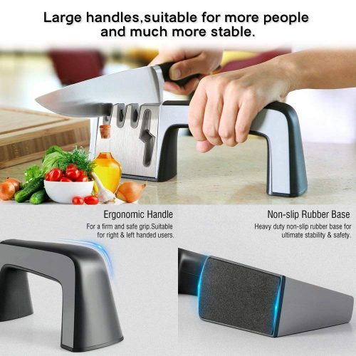 Kitchen Knife Sharpener, Professional Chef Kitchen Sharpener 4-in-1 Knife and Scissor Sharpening Kit with Non-slip Base and Ergonomic Design for Dull Knives and Scissors, Fast and Easy (Silver) - Scissor Sharpeners