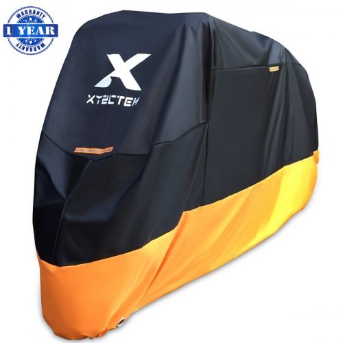 XYZCTEM Motorcycle Cover – All Season Waterproof Outdoor Protection – Precision Fit for 108 inch Tour Bikes, Choppers, and Cruisers – Protect Against Dust, Debris, Rain and Weather(XXL, Black& Orange)