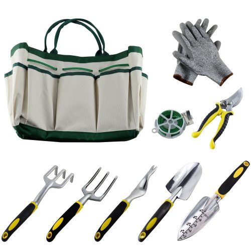 9Pcs Garden Tool Sets-a Plant Rope, Soft Gloves, 6 Ergonomic Gardening Tools and a Garden Tote