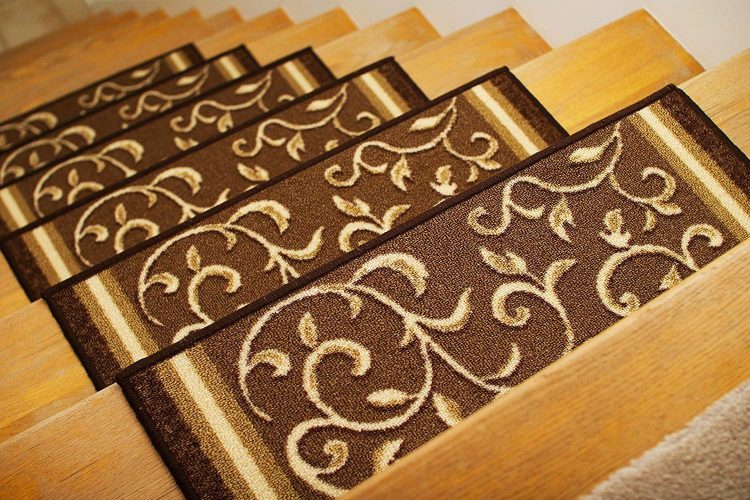 Gloria Rug Skid-Resistant Rubber Backing Gripper Non-Slip Carpet Stair Treads - Washable Stair Mat Area Rug (SET OF 7), 8.5" x 26", Brown Floral Design