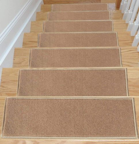 Ottomanson Skid-Resistant Rubber Backing Non-Slip Carpet Stair Treads-Machine Washable Area Rug(Set of 7), 8.5" x 26.5", Dark Beige