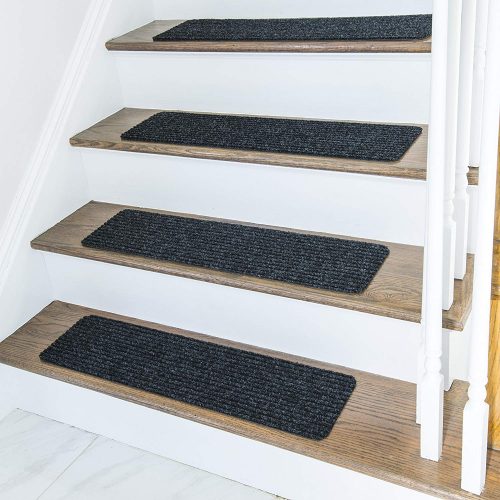 Non Slip Carpet Stair Treads + Double sided tape - Set of 13 Premium non skid indoor treads for wood stairs (30 inch X 8 inch) (Charcoal)