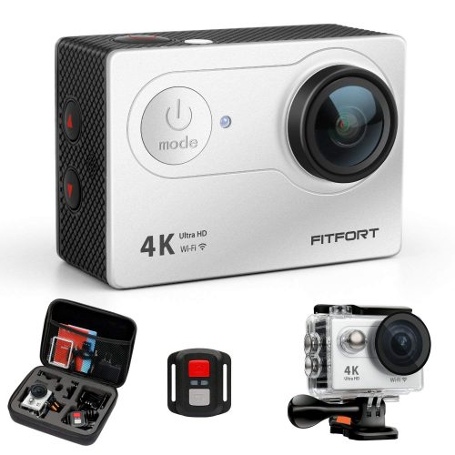 FITFORT Action Camera 4K WiFi Ultra HD Waterproof Sport Camera 12 MP 170 Degree 2 Inch LCD Screen Remote Control 2Pcs Batteries 19 Accessories -Silver
