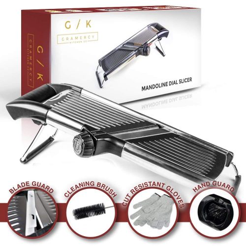 Gramercy Kitchen Co Adjustable Stainless Steel Mandoline Food Slicer - Comes with One Pair Cut-Resistant Gloves || Vegetable Onion Potato Chip French Fry Julienne Slicer