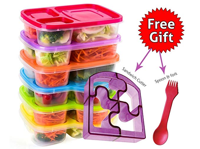 Bento Lunch Box 3 Compartment Food Containers – Set of 6 Storage meal prep Container Boxes– Ideal for Adults, Toddler, Kids, Girls, and Boys – Free 2-in-1 Fork/Spoon & Puzzle Sandwich Cutter - Kid Lunch Boxes