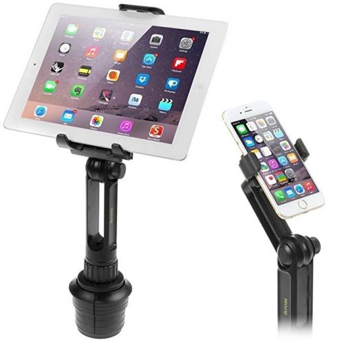 Cup Mount Holder iKross 2-in-1 Tablet and Smartphone Adjustable Swing Cradle with Extended Cup Car Mount Holder Kit for Apple iPad iPhone Samsung Asus Tablet Smartphone and Uber Lyft Driver - Black - Ipad Car Mounts