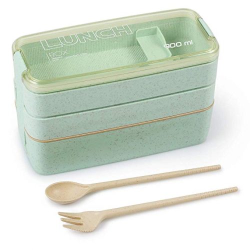 Eco-friendly Bento Lunch Box - Meal Prep Containers for Kids & Adults 3-in-1 Compartment - Wheat Straw, Leakproof and Microwavable Food Container - Kid Lunch Boxes
