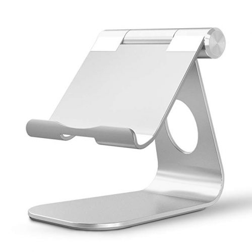 OMOTON Tablet Stand, Adjustable Multi-Angle Aluminum iPad Stand, with Stable Sticky Base and Convenient Charging Port, Fits All Smart Phones, E-readers and Tablets (Up to 12.9 inches), Silver - Ipad Car Mounts