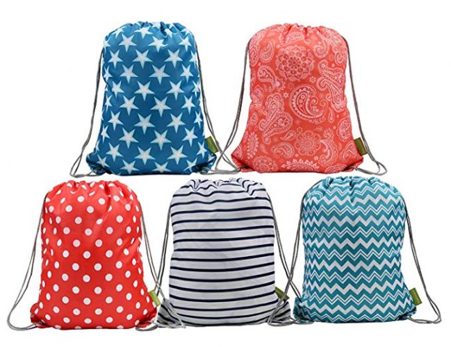 Water Resistant Ripstop Polyester Drawstring Bags Kids Backpacks with Pattern Printing on 2 Sides, 5 Designs in a Set - Drawstring Bags