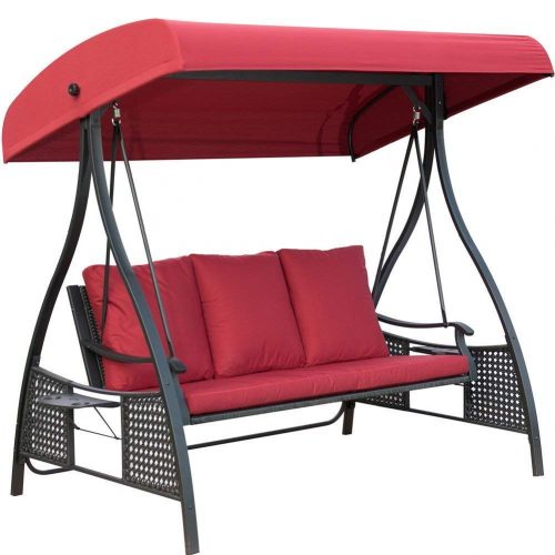 Outdoor Swing Chair, Seats 3 Porch Patio Swing Glider with Durable Stee Frame and Padded Cushion, Red