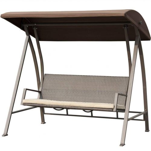 Porch Swing Outdoor Lounge Chair Seats 3 Patio PE Wicker Glider Bench with Steel Frame and Padded Cushion, Dark Brown