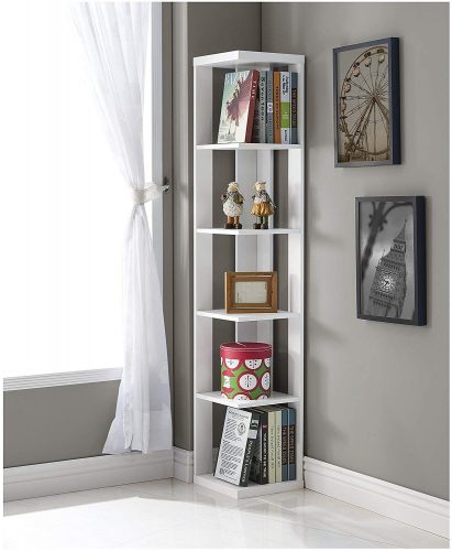 White Finish Wood Wall Corner 5-Tier Bookshelf Bookcase