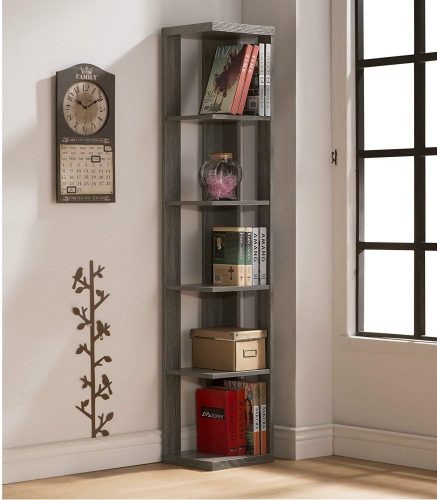 Weathered Grey Finish Wood Wall Corner 5-Tier Bookshelf Bookcase