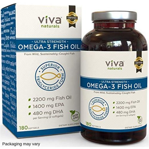 Viva Naturals Omega 3 Fish Oil Supplement, 180 Capsules - Highly Concentrated Fish Oil Omega 3 Pills, Burpless, 2,200mg Fish Oil/serving (1400mg of EPA & 480 mg of DHA)