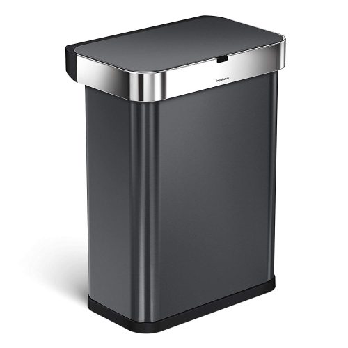 simplehuman 58 Liter / 15.3 Gallon 58L Stainless Steel Touch-Free Rectangular Kitchen Sensor Trash Can with Voice and Motion Sensor, Voice Activated, Black Stainless Steel