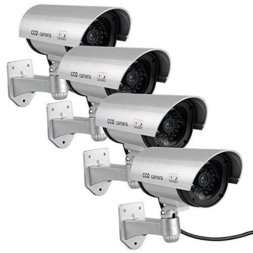 Fake Cameras for Outdoor, Dummy Camera CCTV Surveillance System with Realistic Red Blinking Lights and Warning Sticker for Home Businesses (4, Silver)