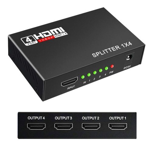 HDMI Splitter Keliiyo 1X4 Ports Powered V1.4b Video Converter with Full Ultra HD 1080P 2K and 3D Resolutions (1 Input to 4 Outputs) 