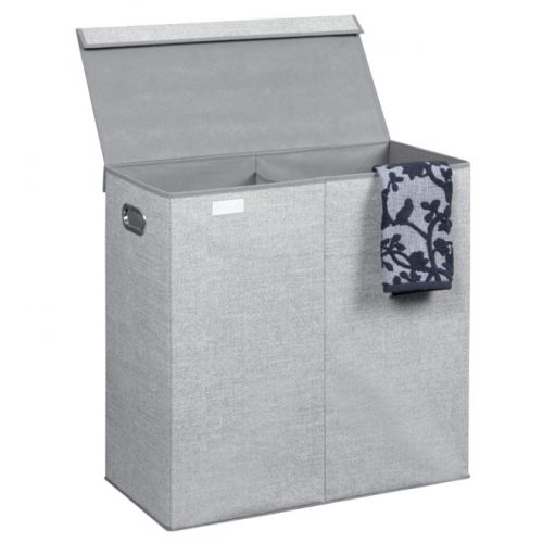InterDign Aldo Folding Laundry Clothes Double Hamper/Sorter with Handles and Lid - 2 Bins, Gray