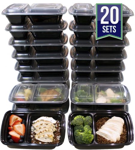 [20 Pack] 32 Oz. 2 Compartment Food Containers Durable BPA Free Plastic Reusable Food Storage Container Microwave & Dishwasher Safe w/Airtight Lid For Portion Control & 21 Day Fix