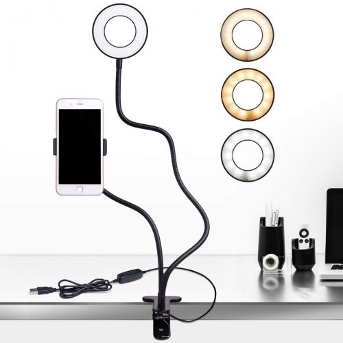 B-Land Cell Phone Holder with Selfie Ring Light for Live Stream, Flexible Mobile Phone Clip Holder Lazy Bracket Desk Lamp LED Light for Bedroom, Office, Kitchen, Bathroom (Black)